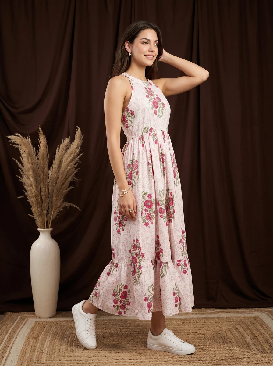 Woman wearing a sleeveless white midi dress with a pink floral pattern and ruffled hem paired with white sneakers.