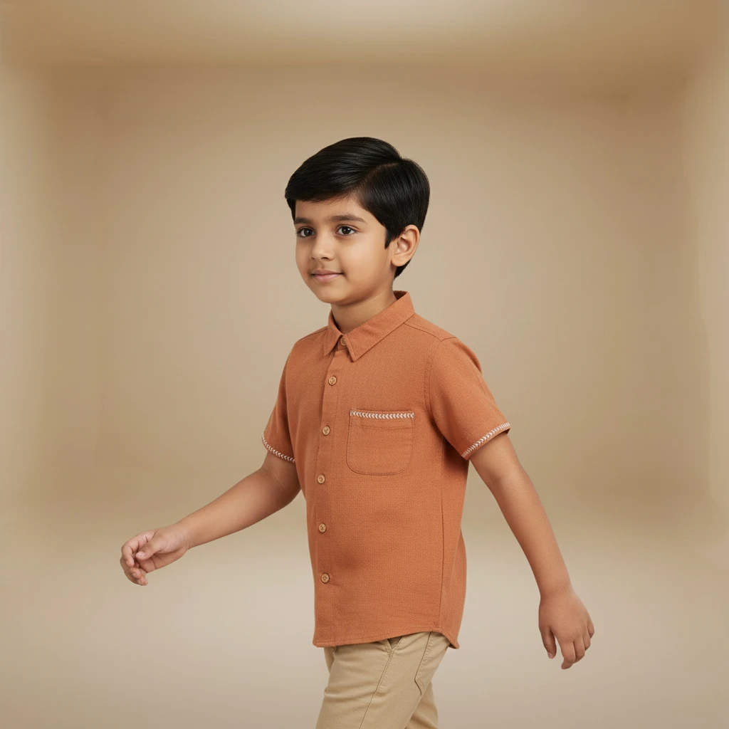 Young boy walking in a short-sleeve rust-colored button-down shirt and beige trousers against a neutral background.