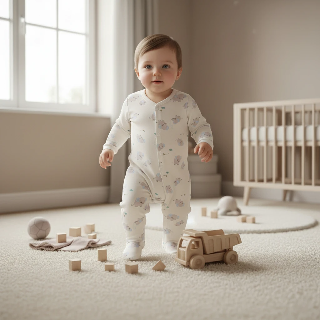 Toddler walking in a nursery wearing a white cotton footed romper with a blue animal print.