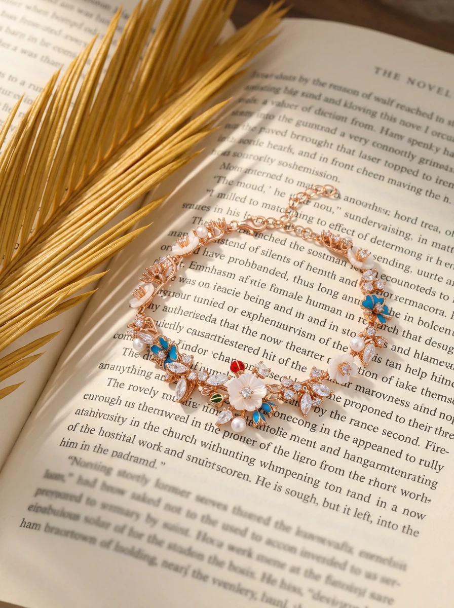 Studio AI flat-lay photoshoot of a floral charm bracelet on an open book, for a bracelet brand selling on marketplaces