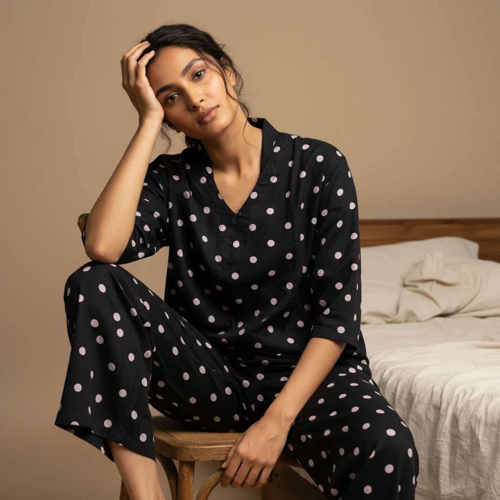 A woman wearing black lounge wear with white polka dots, sitting on a wooden chair in a bedroom.