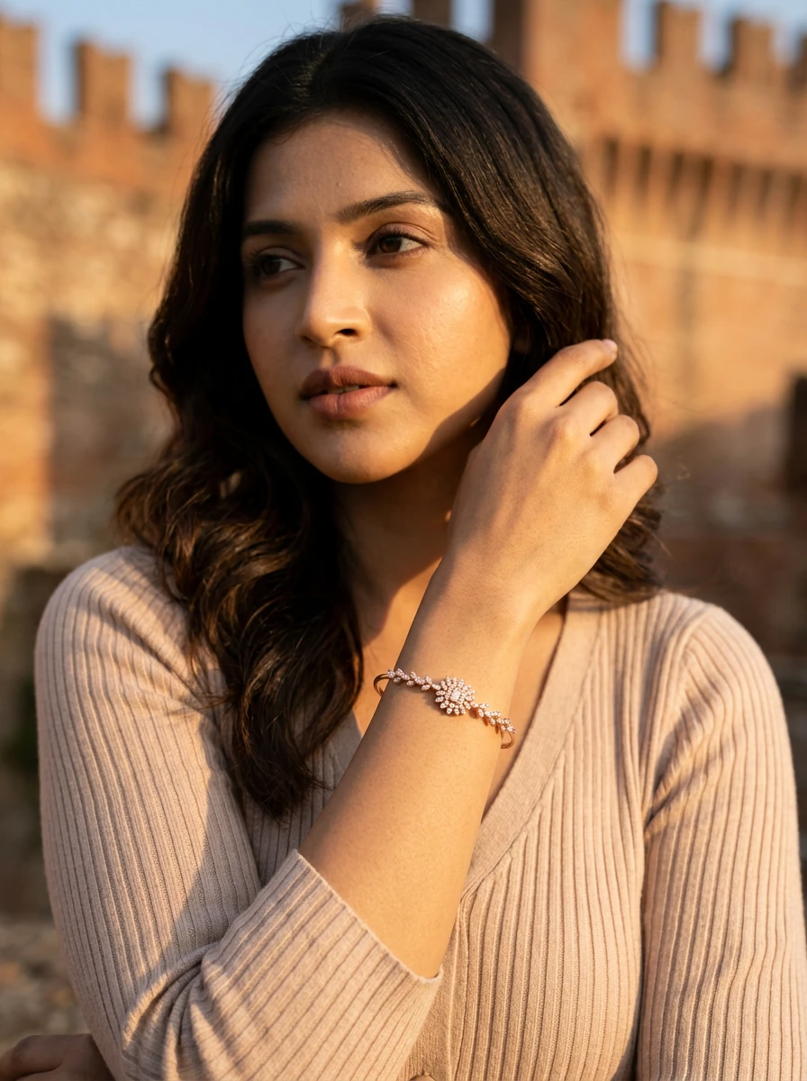 Outdoor lifestyle AI photoshoot of a crystal bracelet on an Asian model, for a bracelet brand selling on marketplaces