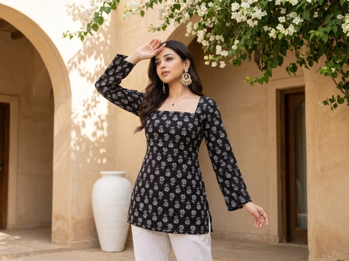 Model in black floral tunic and white trousers poses outdoors against a neutral arched wall with flowers.