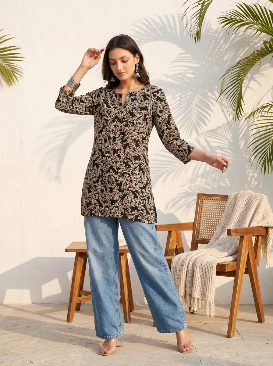 Model wearing a black and beige leaf-print tunic with blue jeans against a white wall with palm shadows