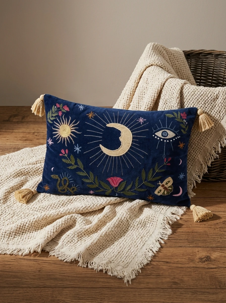 Dark blue velvet cushion featuring celestial embroidery with a central moon, sun, and eye motif, accented with corner tassels.