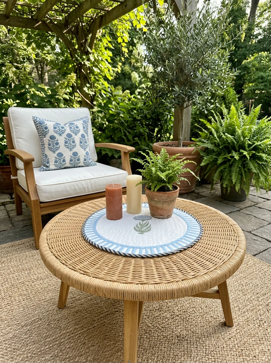 Cozy outdoor patio setting with a wicker coffee table, white armchair, blue and white patterned pillows, and potted plants.