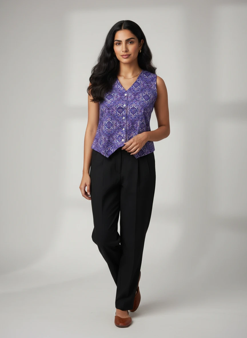 Woman wearing a purple patterned sleeveless vest and black trousers against a neutral studio background.