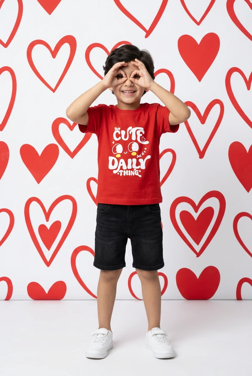A smiling young toddler wearing a red graphic t-shirt and black shorts against a heart-patterned backdrop.