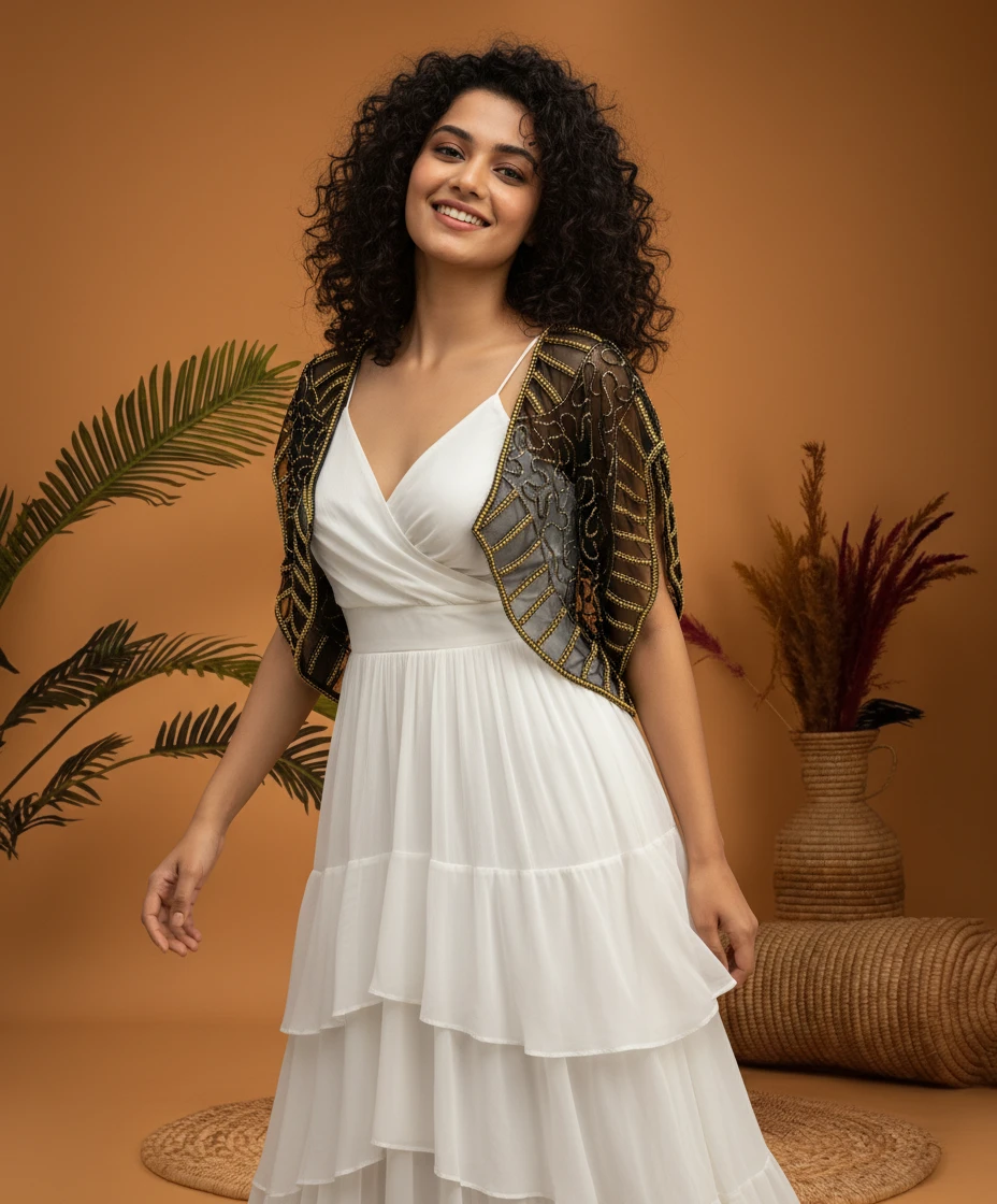 Woman wearing a white tiered dress with a sheer black and gold beaded shrug in a studio setting.