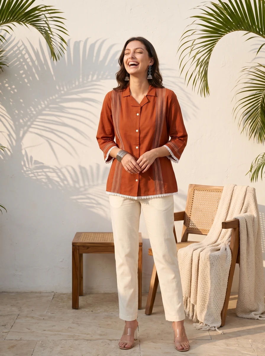 A smiling woman wearing a rust orange button-down top with white lace trim and light trousers.