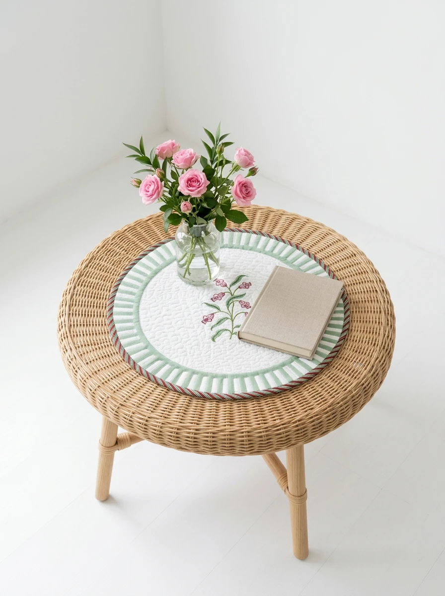 Round quilted table mat with green striped border and floral embroidery on a wicker table with pink roses and a book.