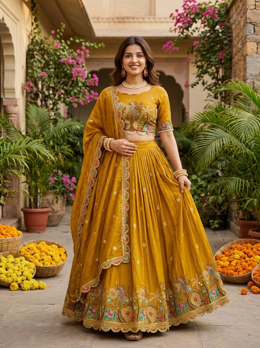Woman wearing a mustard yellow embroidered lehenga choli set with a matching dupatta in a lush floral garden setting.