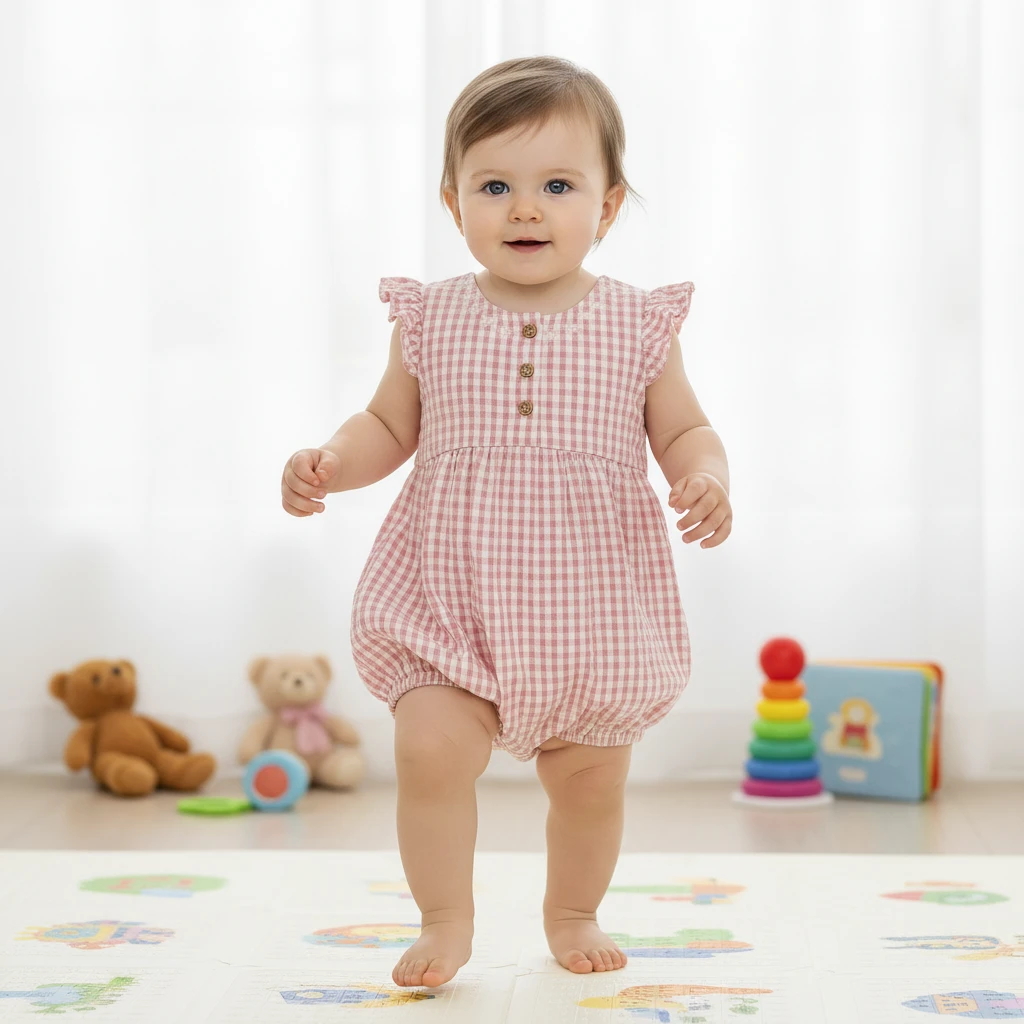 A baby standing on a play mat wearing a pink and white gingham ruffled romper with wooden buttons in a bright room.
