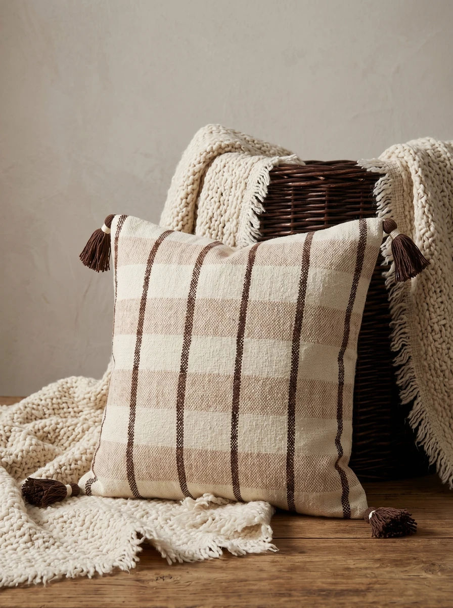 Beige and brown striped cushion featuring corner tassels in front of a knitted throw and dark wicker basket.