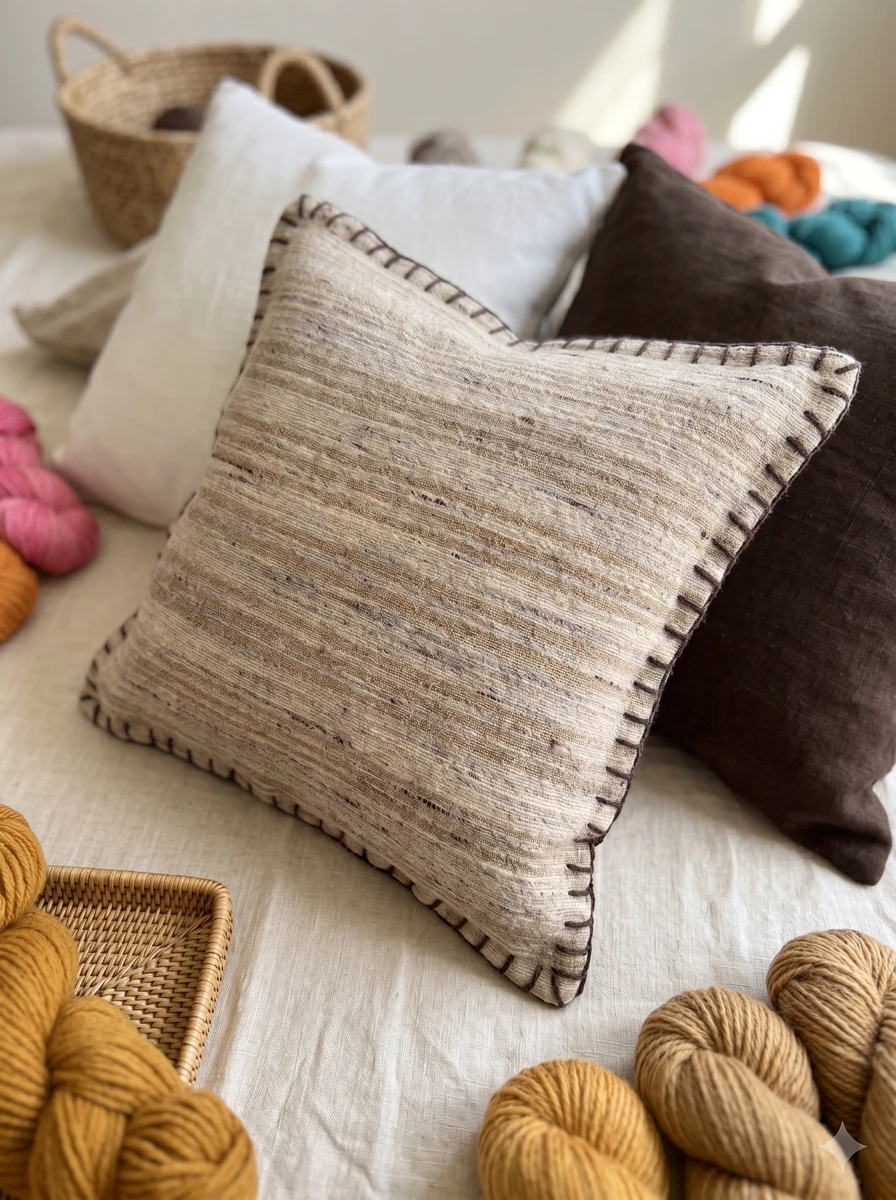 Textured beige cushion with dark contrast blanket stitching, surrounded by yarn skeins.