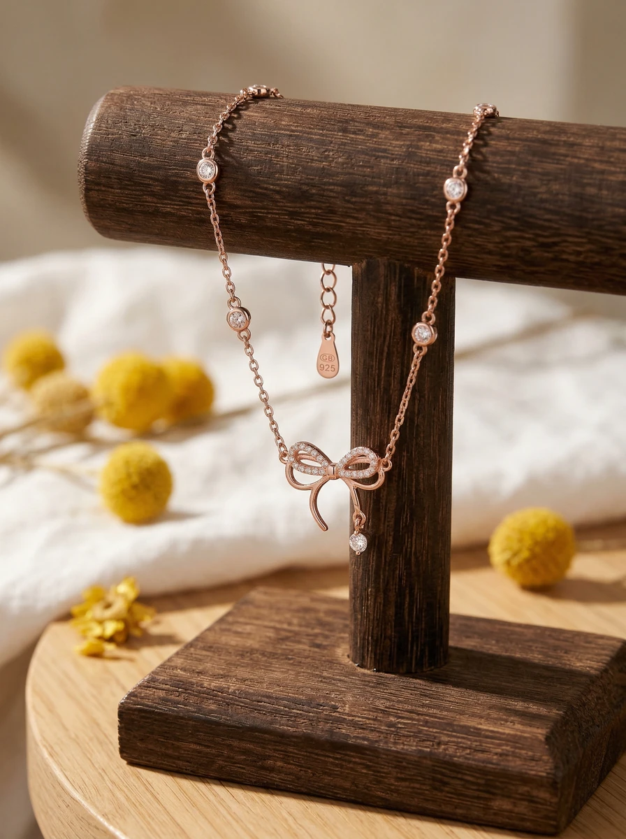 Studio AI photoshoot of a rose gold bow bracelet on a wooden stand, for a bracelet brand selling on marketplaces