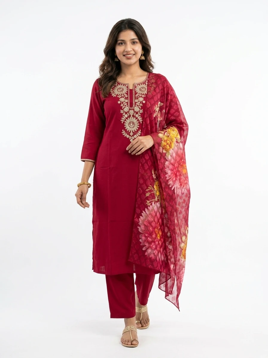 Woman wearing a maroon kurta set with gold embroidery at the neckline and a matching dupatta with large floral prints.