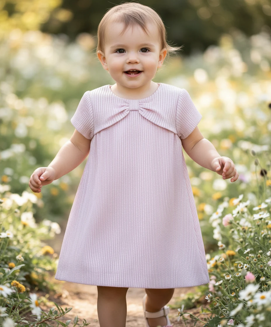 Toddler in a short-sleeve pink ribbed dress with a bow detail walking in a field of white flowers.