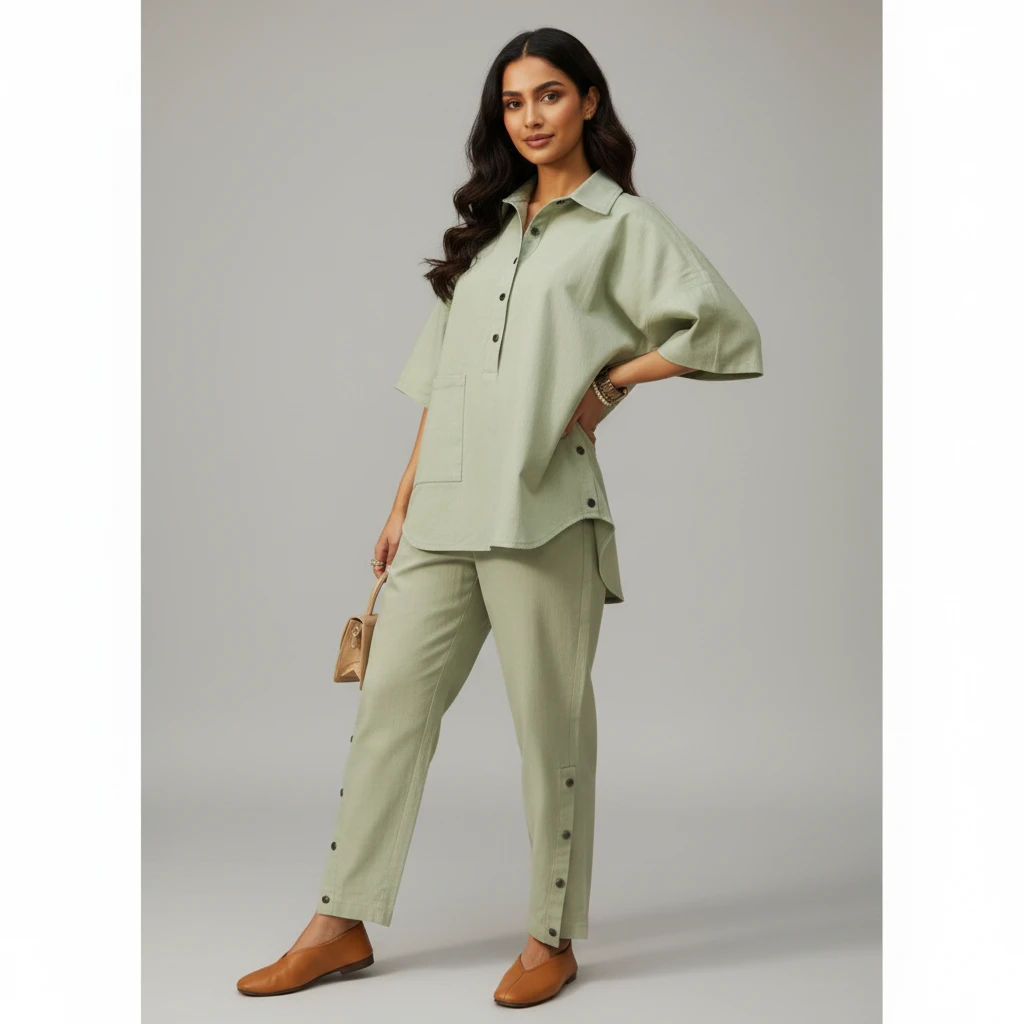 A woman posing in a sage green matching set with button details, paired with brown leather flats against a neutral studio backdrop.
