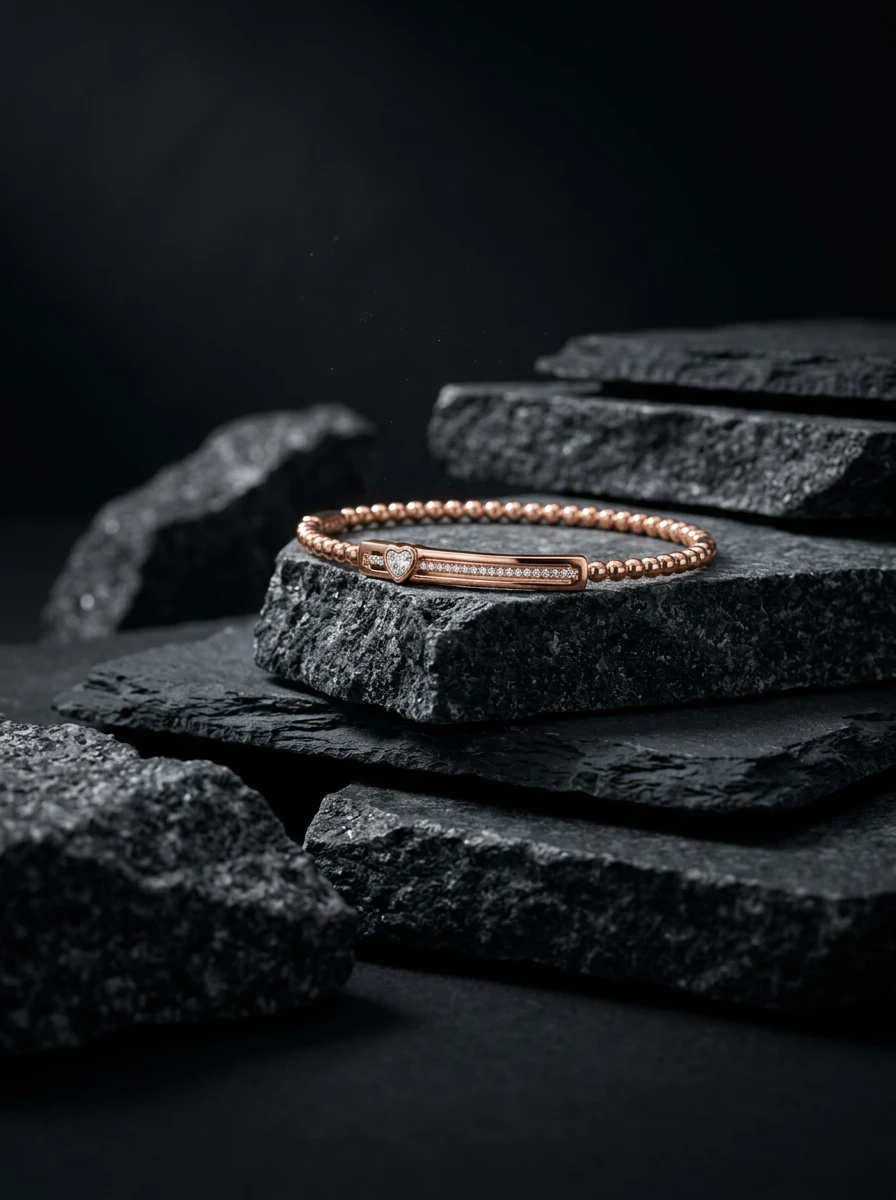 Studio AI photoshoot of a beaded bracelet on dark stones, for a bracelet brand selling on marketplaces