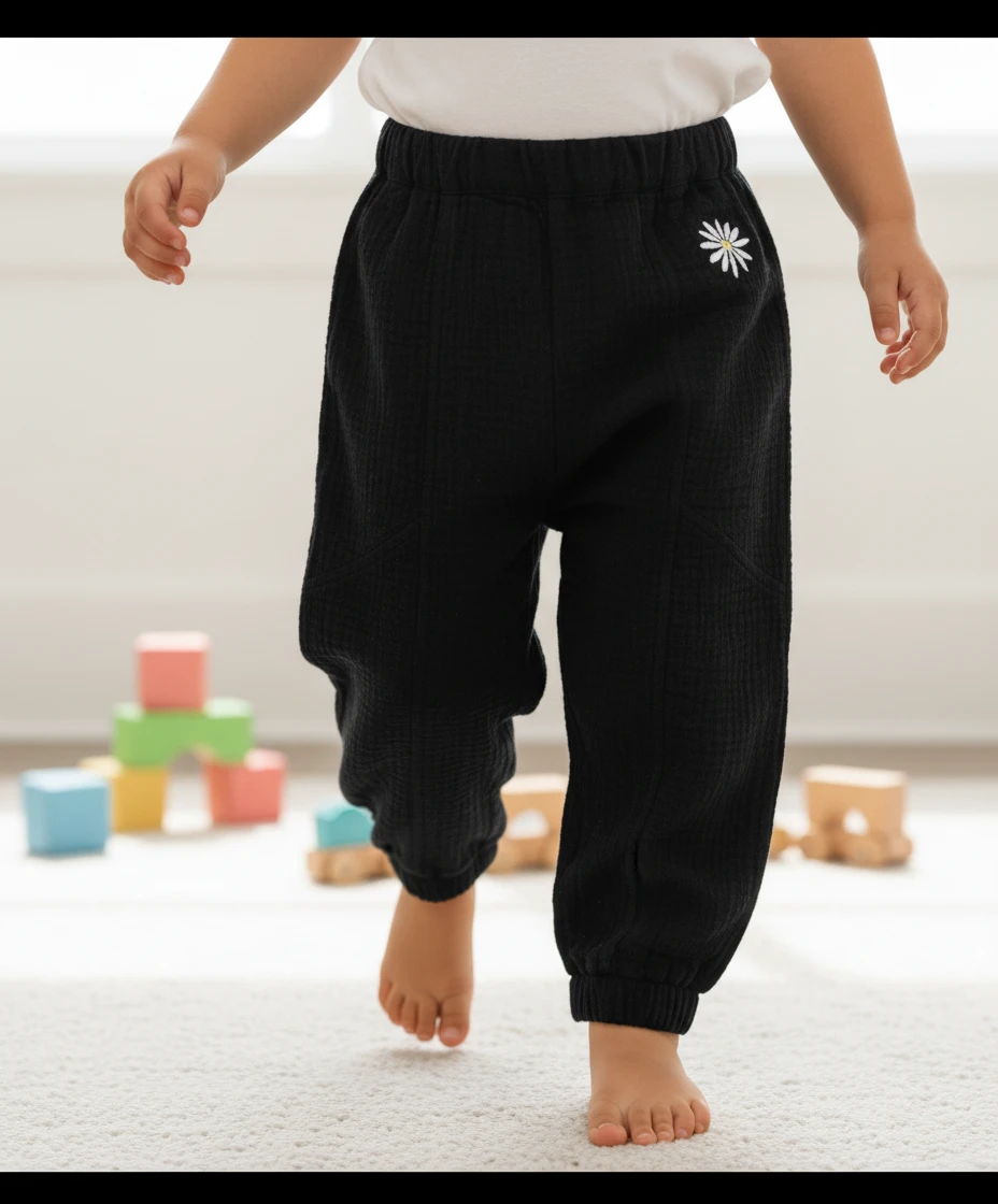 Toddler walking in black textured pants with an embroidered white flower on the hip.