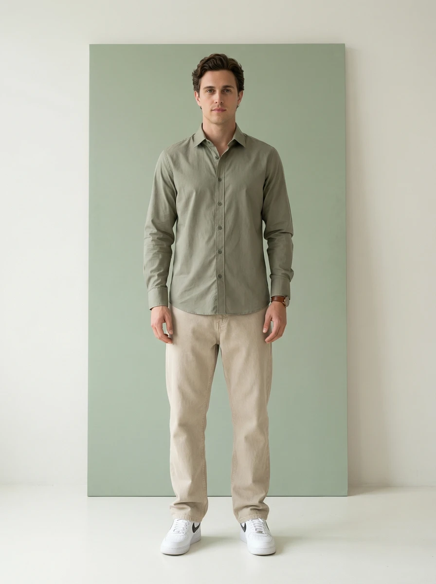 A man wearing an olive green long-sleeve button-down shirt and beige trousers standing against a green panel.