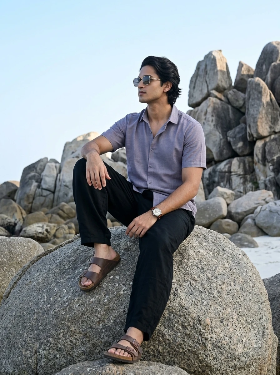 Man wearing a purple short-sleeve button-down shirt and black trousers, sitting on a rocky outdoor shore.
