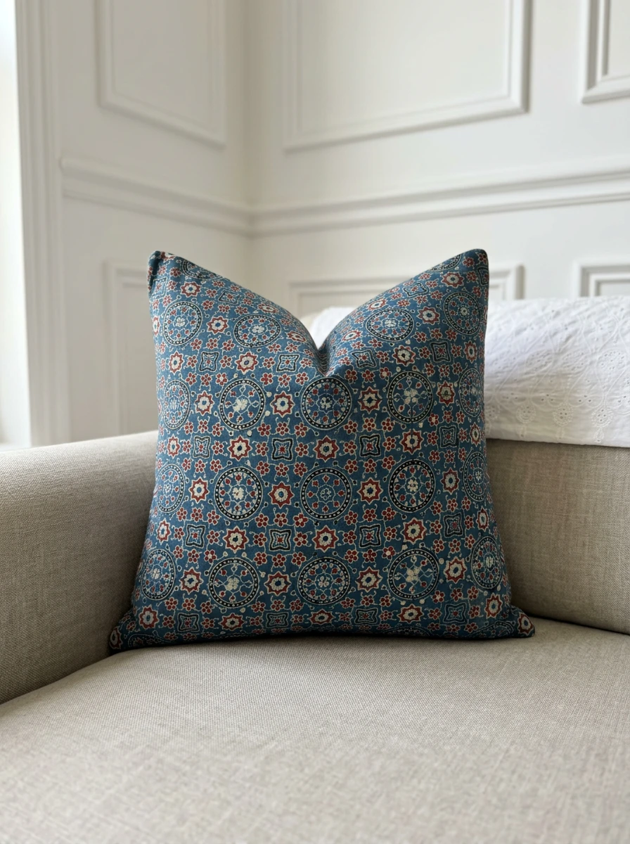 Blue decorative cushion with a red and white geometric floral pattern resting on a beige sofa