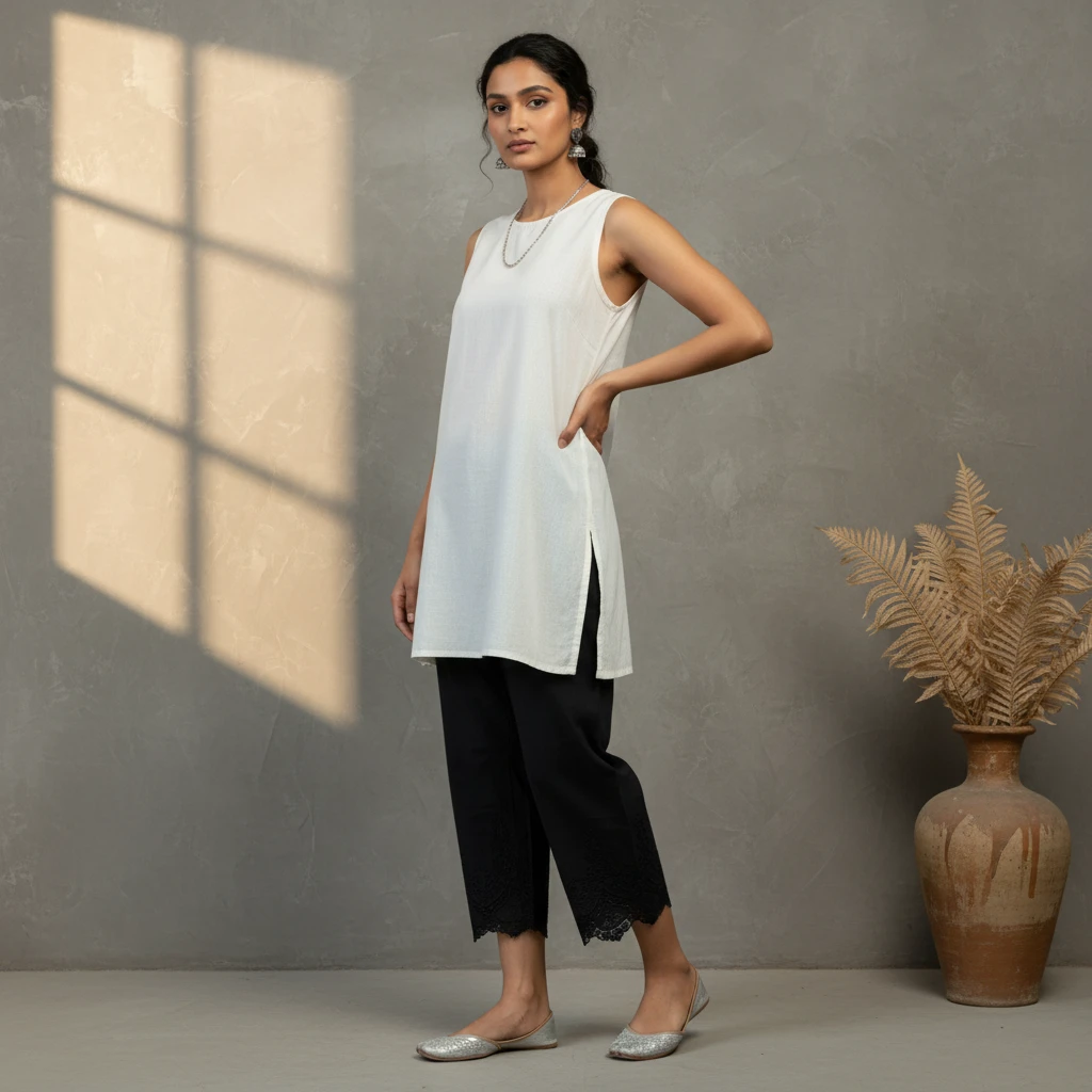 Model standing in a sleeveless white tunic and black cropped pants against a grey textured wall with window shadows.