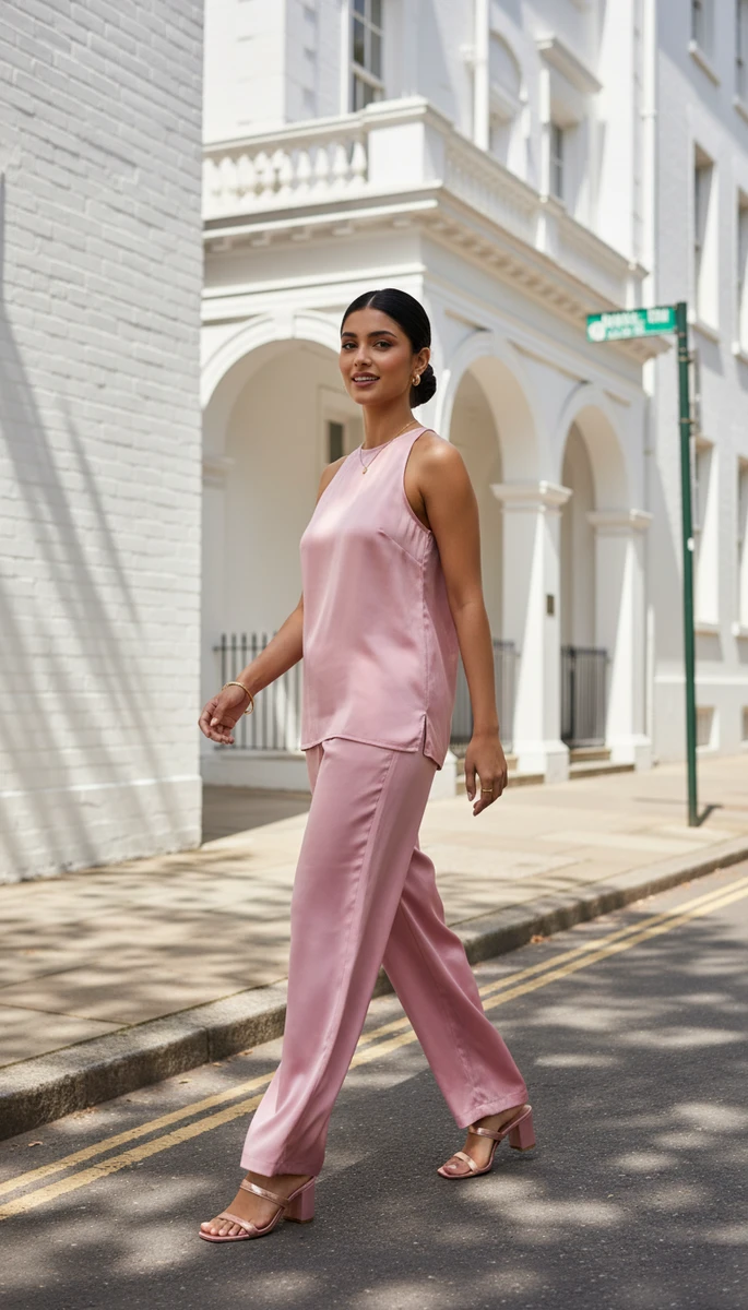 A woman walks on a sunny city street wearing a matching pink satin sleeveless top and wide-leg trousers.