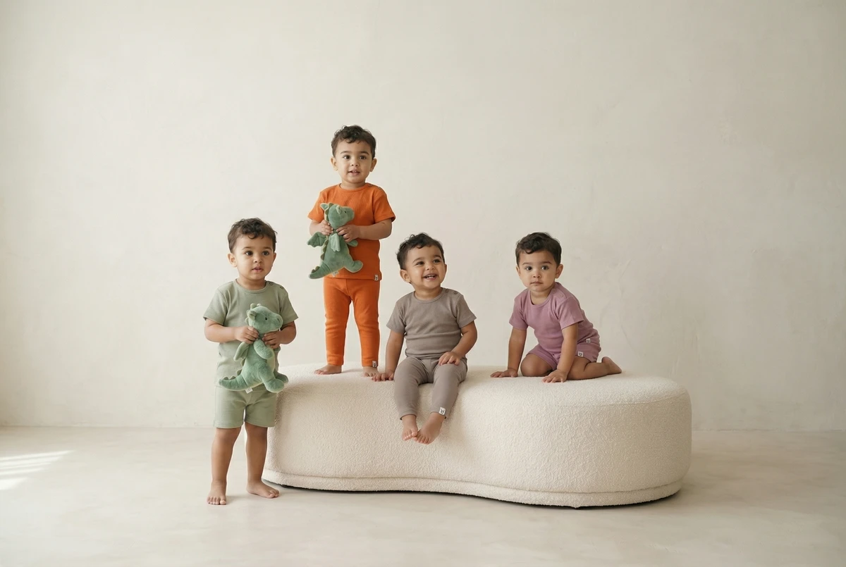 Toddlers wearing colorful ribbed short sleeve sets in sage, orange, taupe, and plum, sitting on a cream boucle bench.