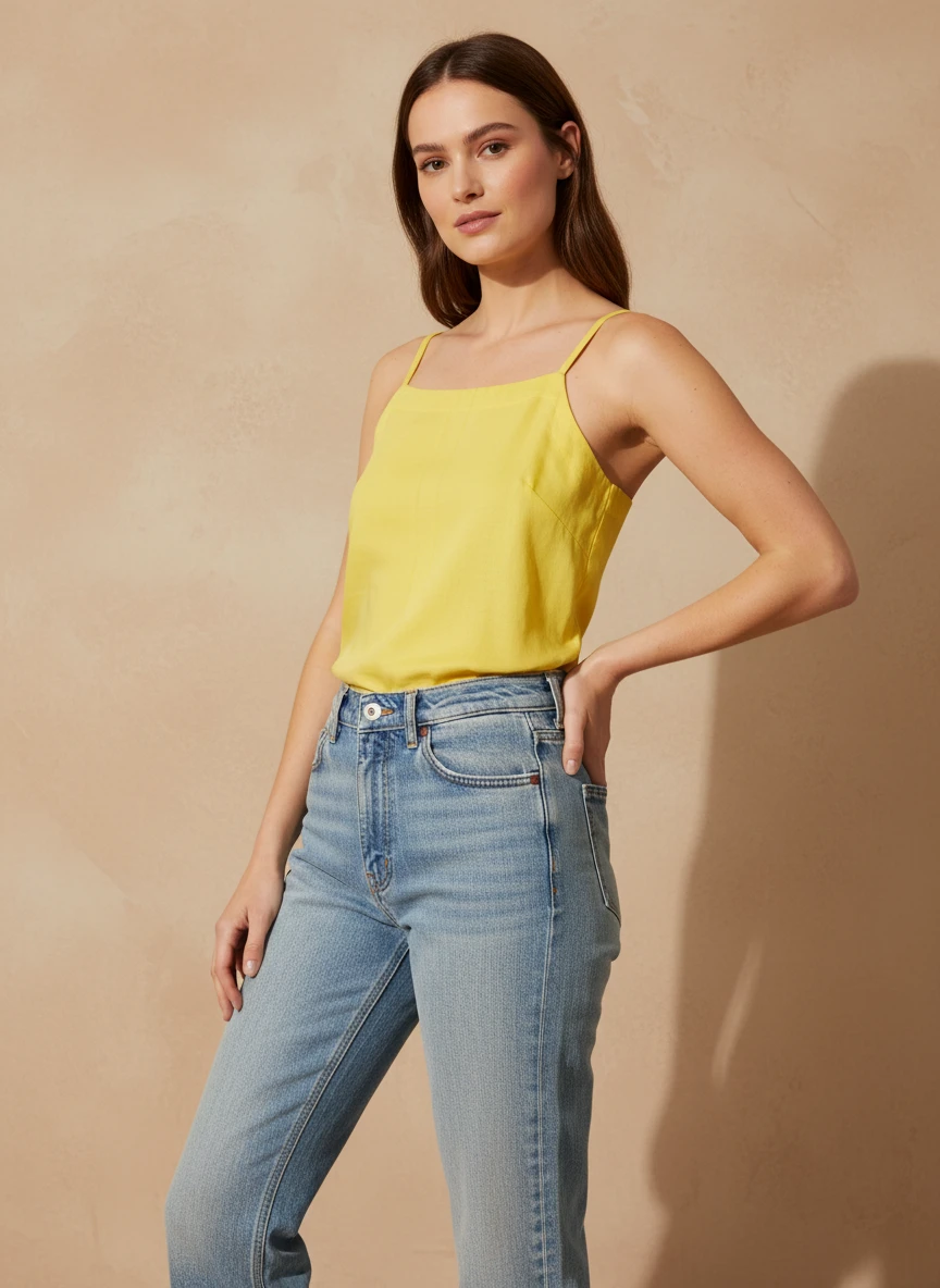 A woman wearing a yellow camisole and blue jeans posing against a beige wall.