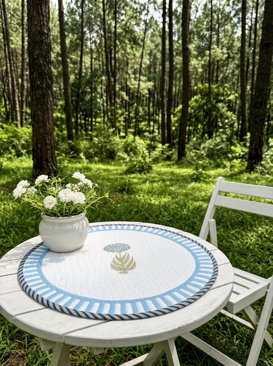 A round white table with a blue striped placemat and white flower pot set outdoors in a lush pine forest.