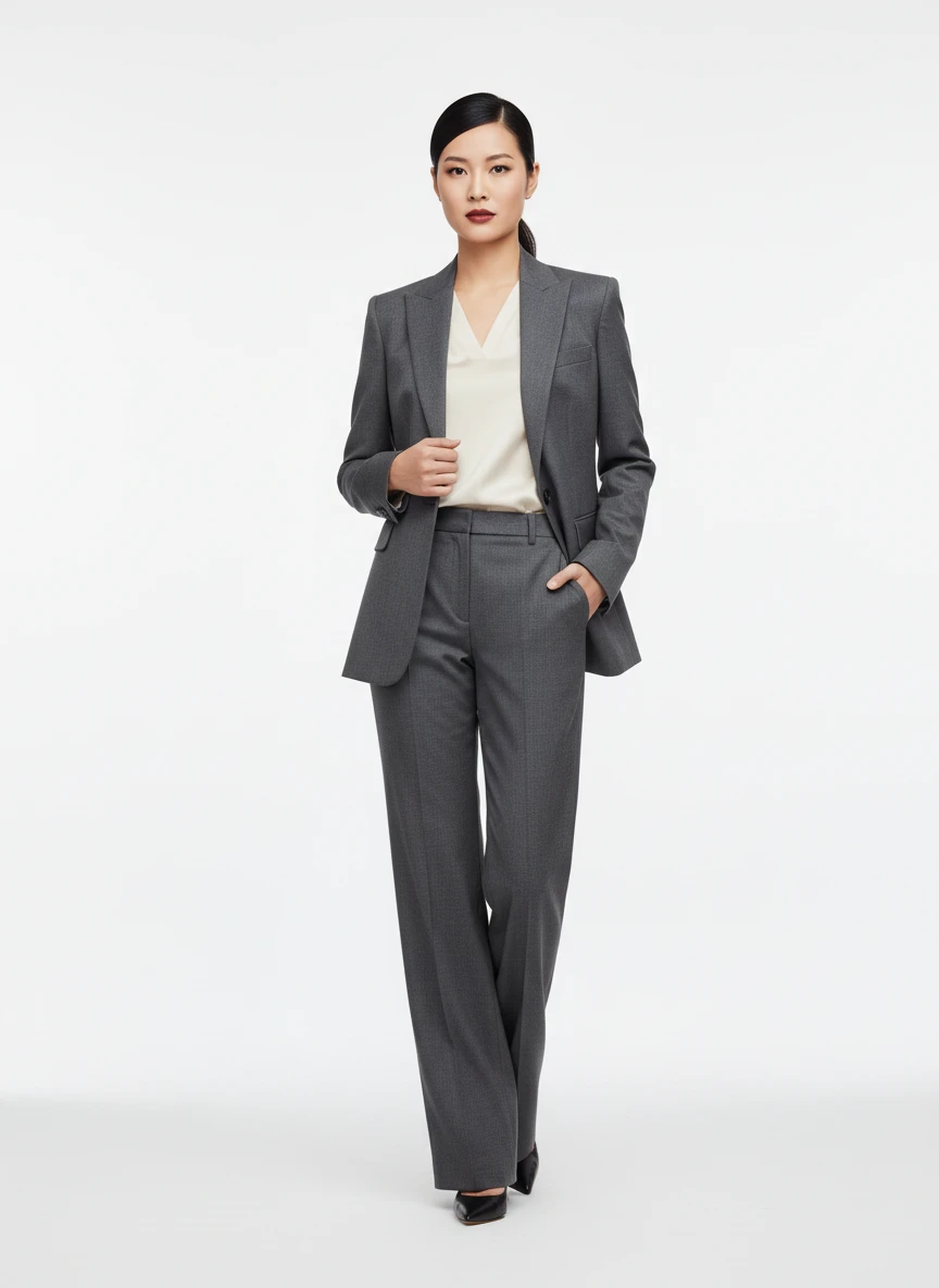 Asian woman wearing a tailored grey suit with a white top against a plain studio background.