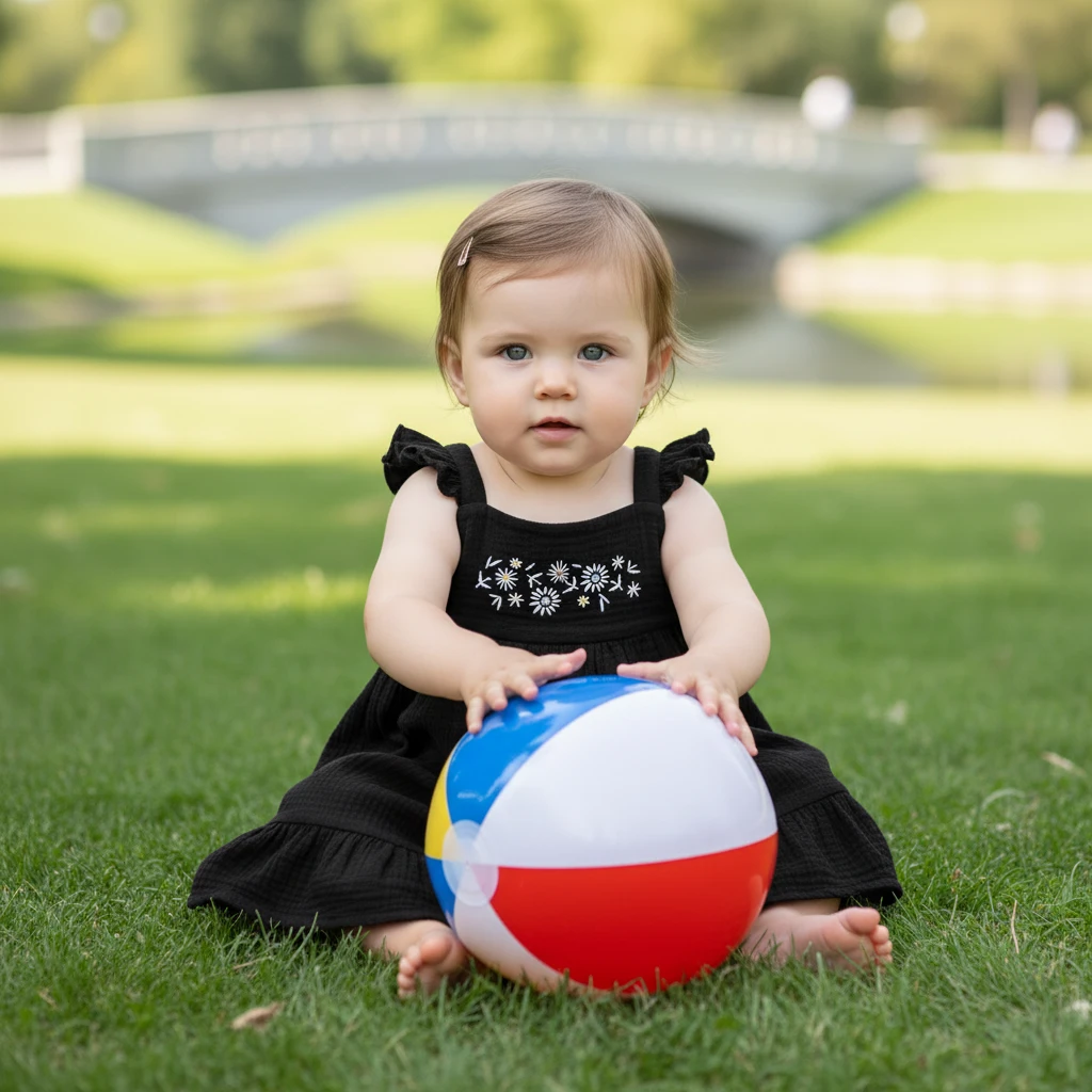 A young toddler sits on grass wearing a black dress with floral embroidery, holding a beach ball.