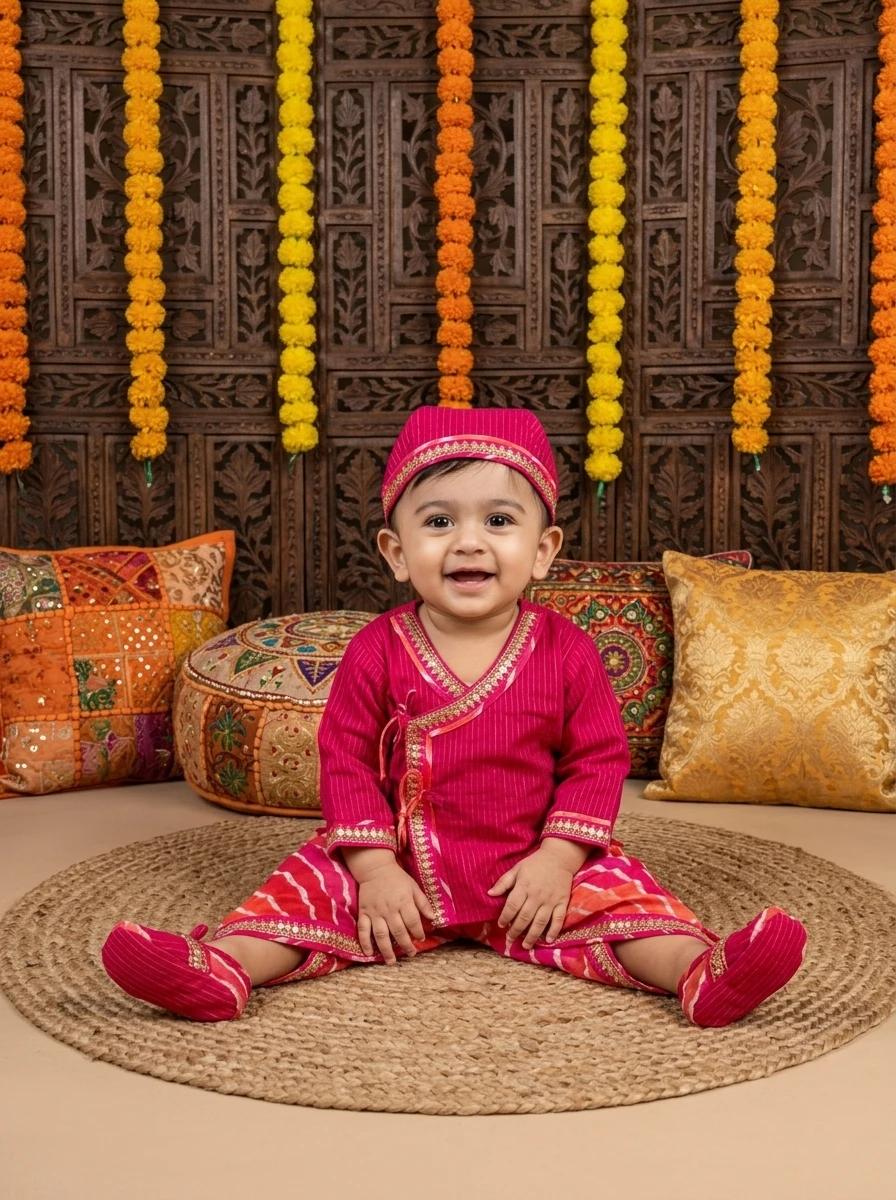 Smiling baby wearing a hot pink wrap-style top and matching tie-dye pants with a cap sitting on a circular jute rug.