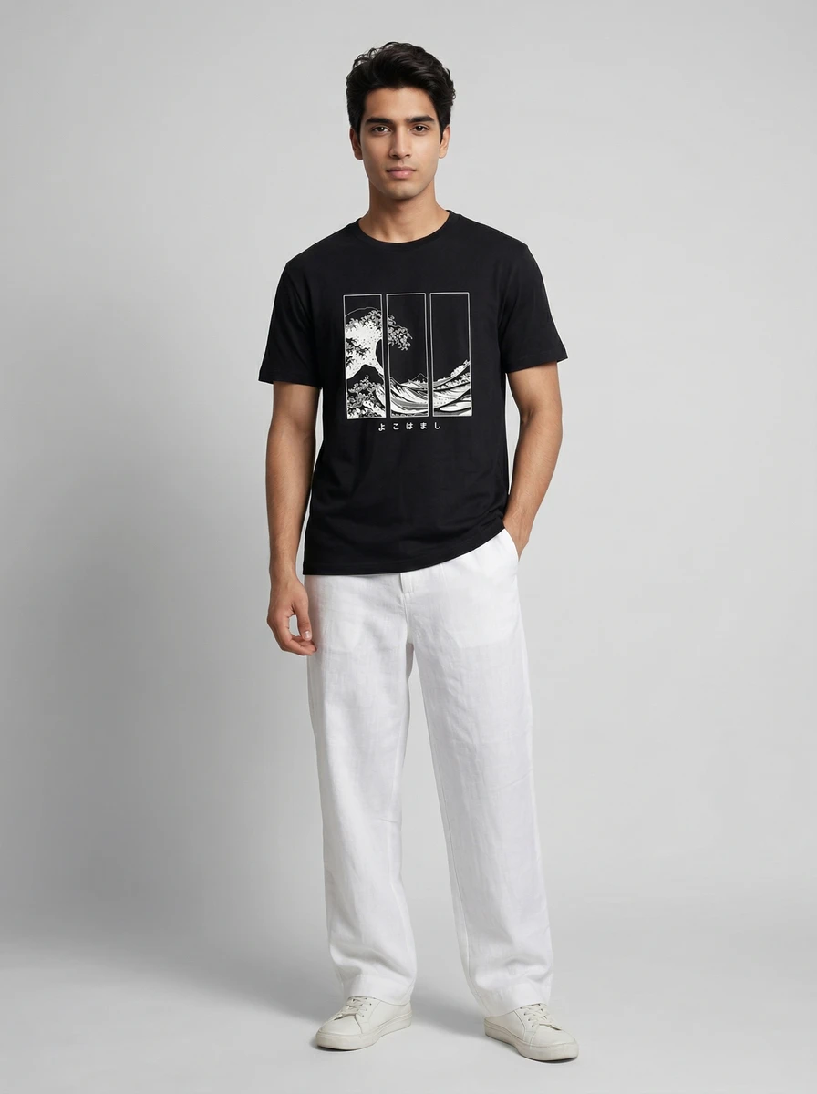 A man wearing a black graphic t-shirt and white trousers standing against a light grey studio backdrop.