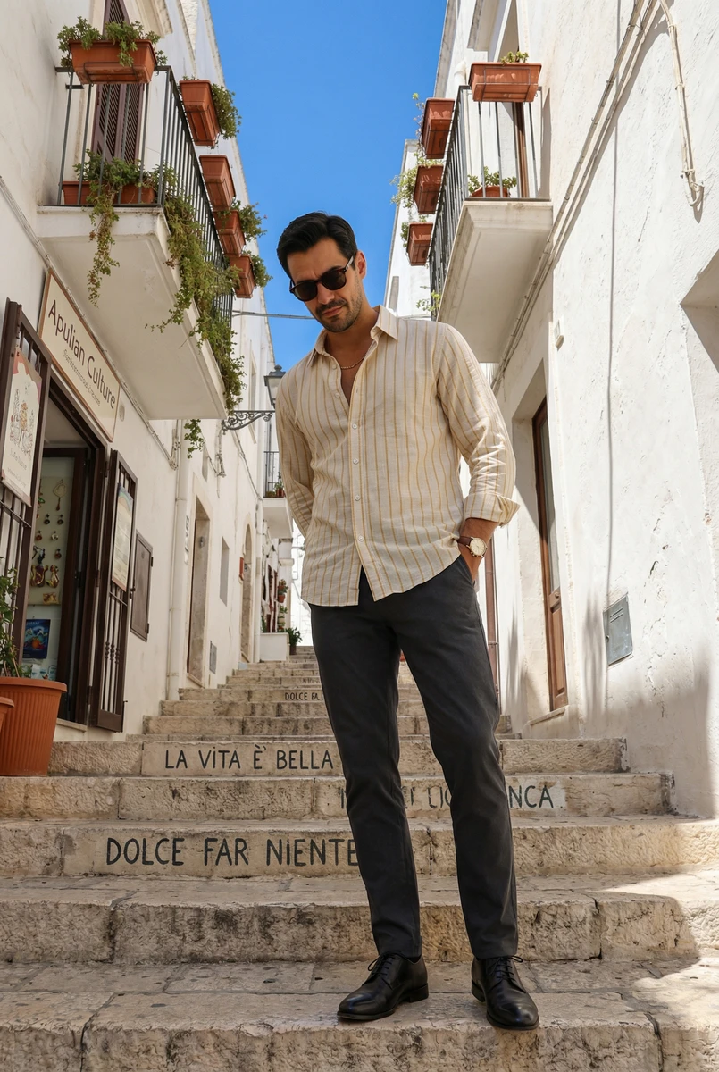 A man wearing a yellow striped long-sleeve shirt and dark trousers stands on white stone steps.