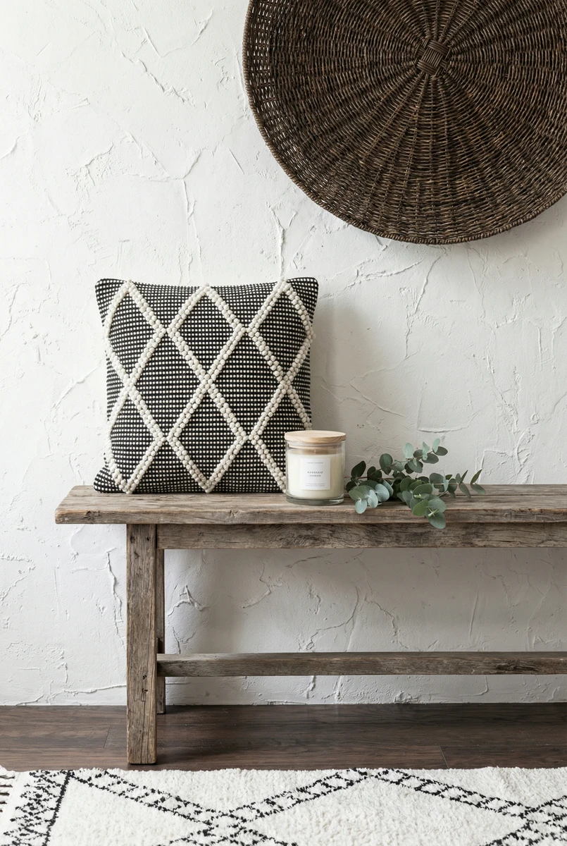 Sanskruti black cushion with white diamond beaded embroidery sits on a rustic wooden bench next to a candle and greenery.