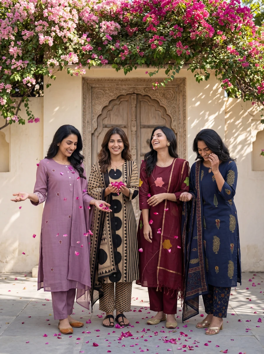 Four women wearing colorful traditional Indian kurtas and pants stand laughing beneath a vibrant pink bougainvillea arch.
