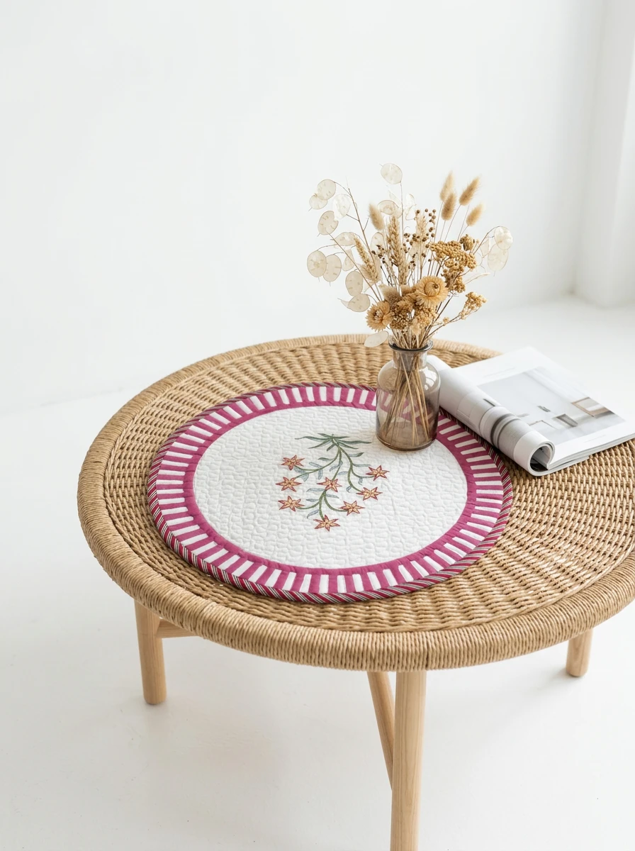 Round quilted table mat with pink and white striped border and floral embroidery on a woven coffee table.