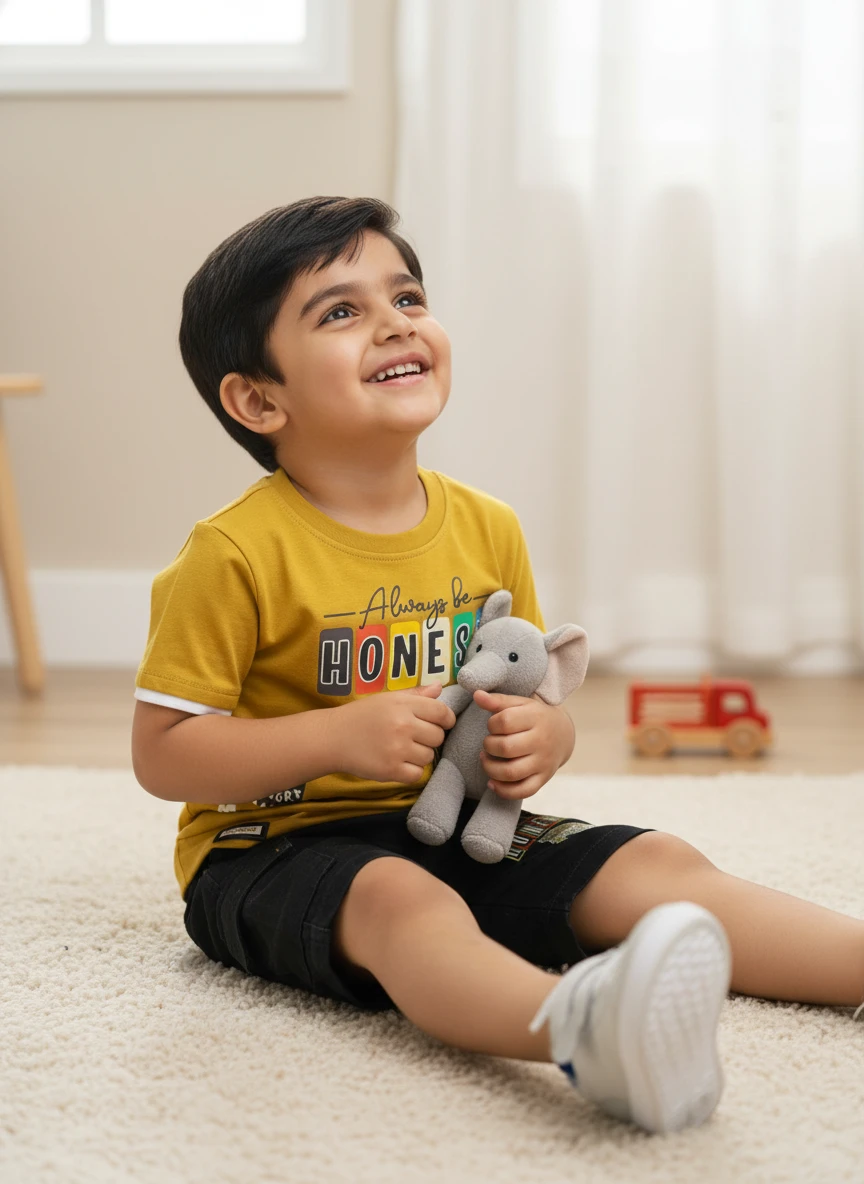 Young boy sitting on a white rug wearing a mustard yellow t-shirt and black shorts, holding a small stuffed elephant.