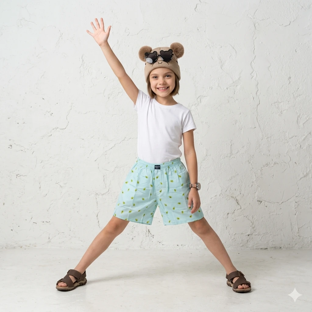 A smiling child wearing a white t-shirt, light blue avocado-print shorts, and a tan pom-pom beanie with bear-shaped sunglasses.
