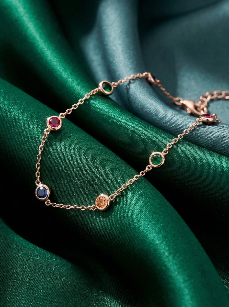 Studio AI photoshoot of a gemstone bracelet on silk, for a bracelet brand selling on marketplaces
