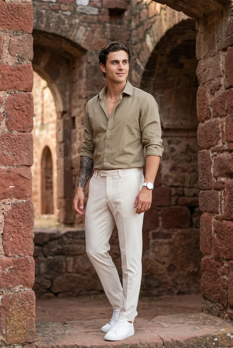 Man in olive green button-down shirt and cream trousers standing before stone arches.
