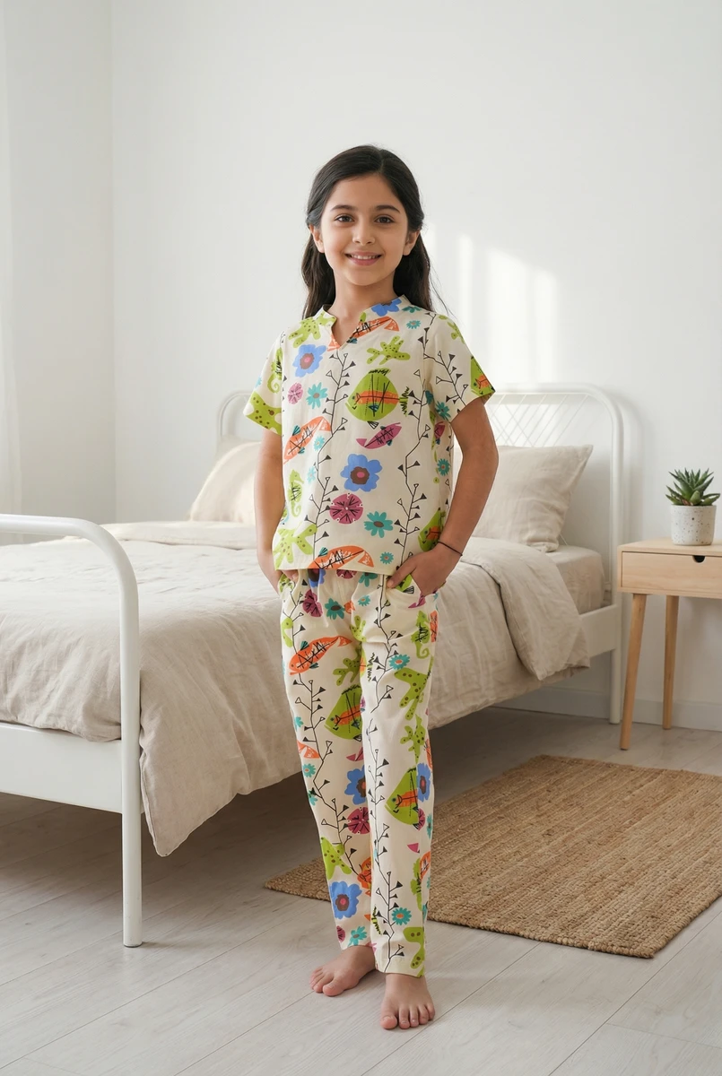 Young girl wearing a cream pajama set with a colorful abstract floral and fish print standing in a bright bedroom.