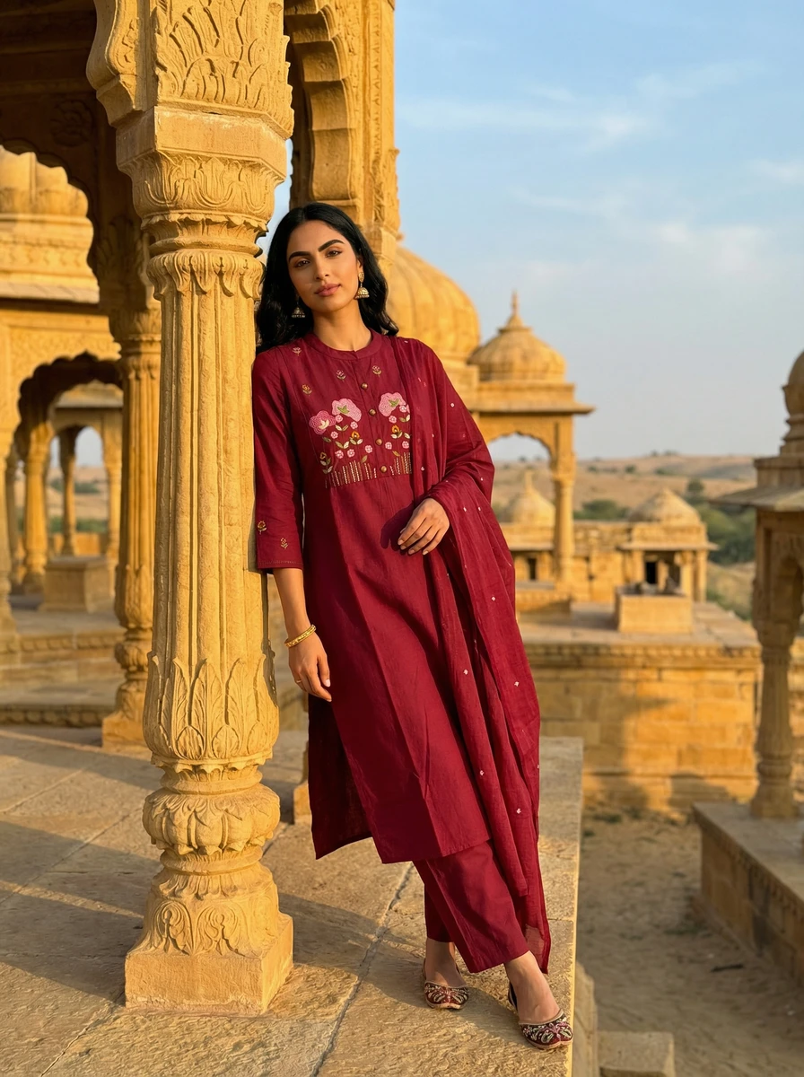 Woman wearing a maroon cotton kurta set with floral embroidery leaning against a carved stone pillar at sunset.