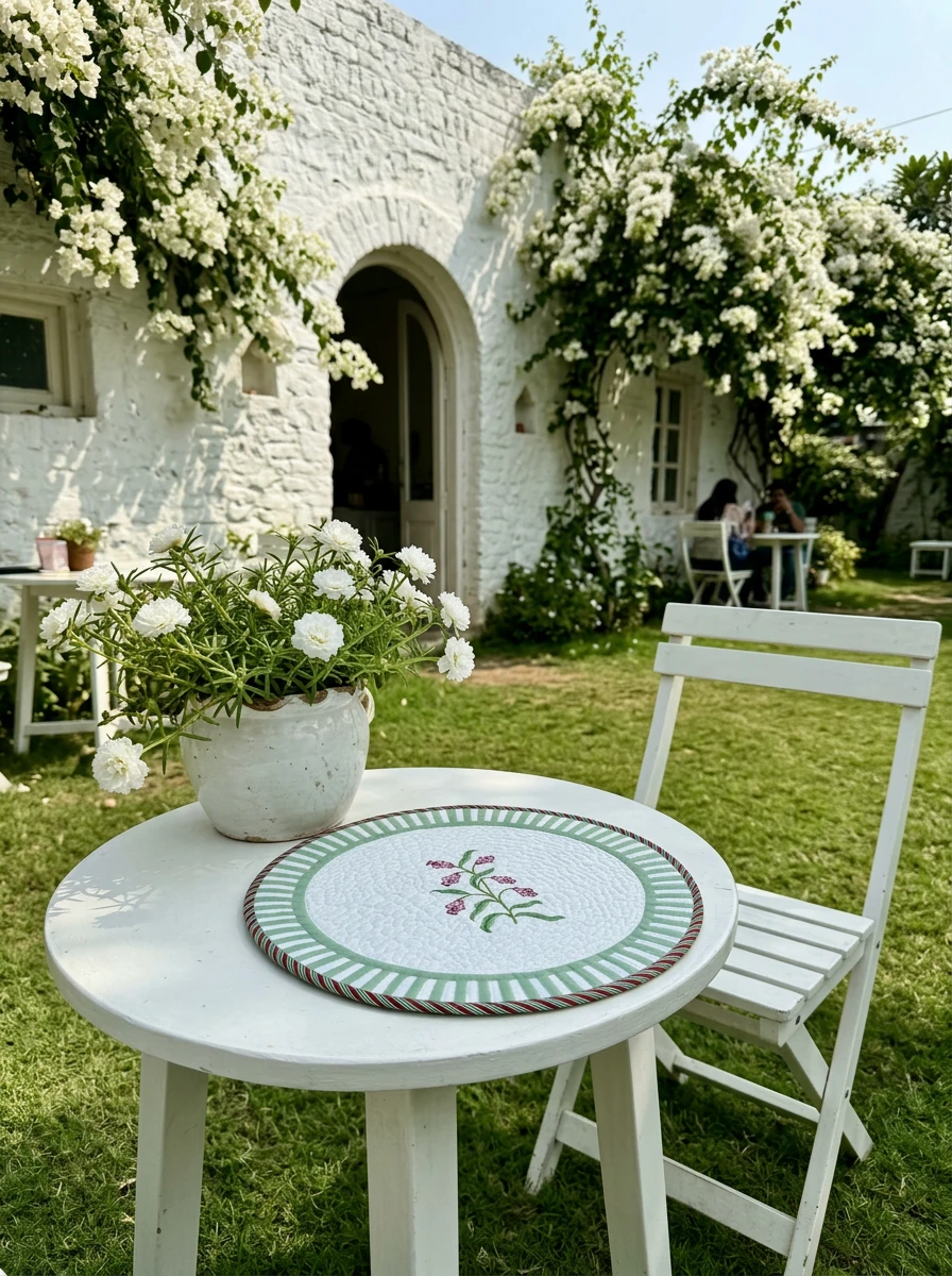 White garden table and chair on grass with potted flowers and a round quilted placemat.