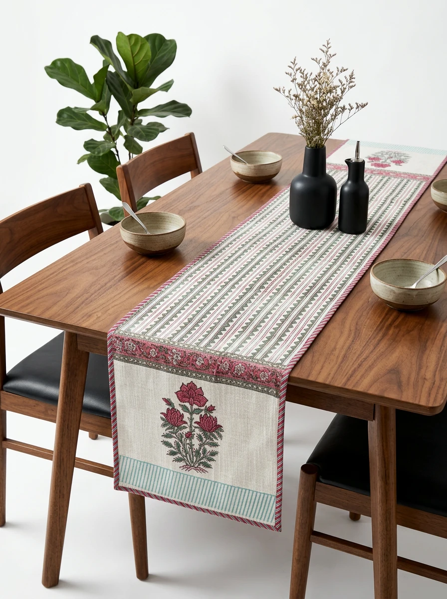 A patterned table runner in pink and green on a wooden dining table.