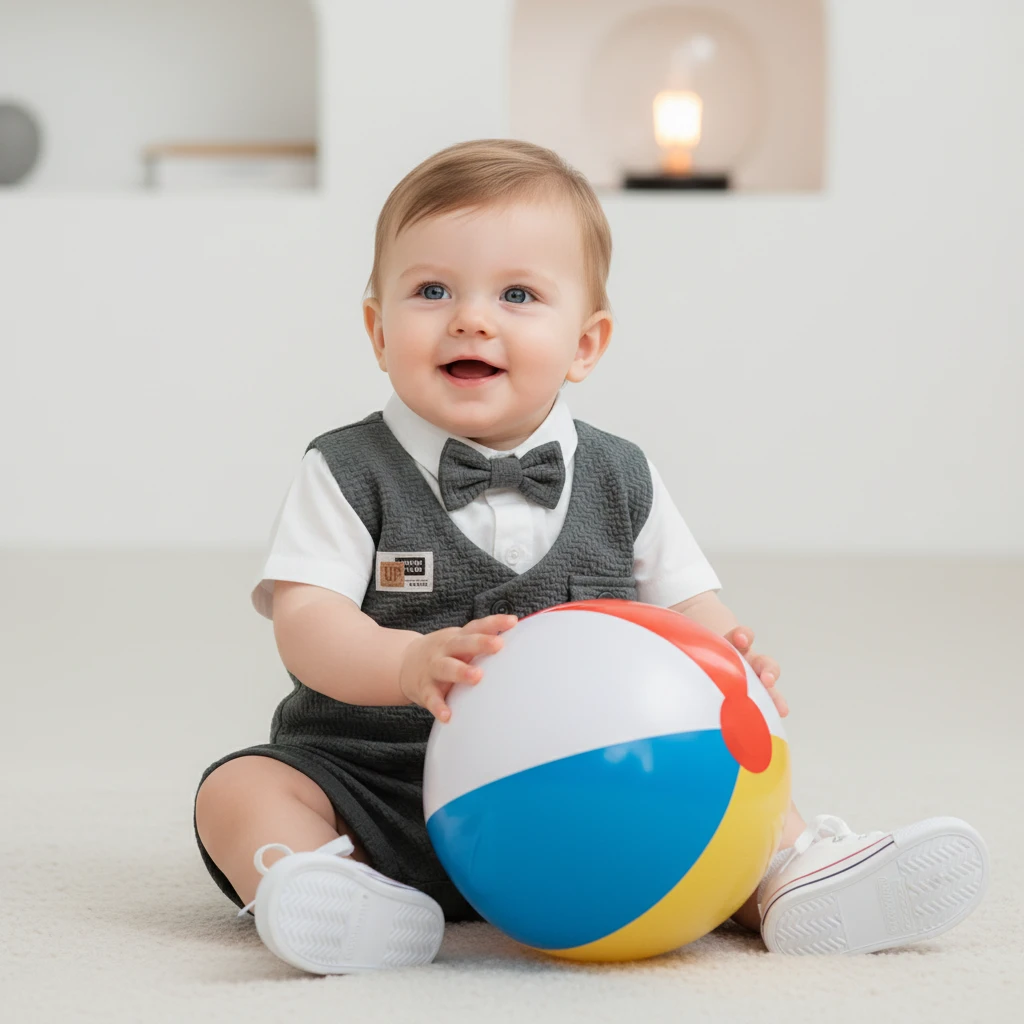 Toddler boy sitting on a white floor wearing a gray textured romper, white shirt, and bow tie, holding a colorful beach ball.